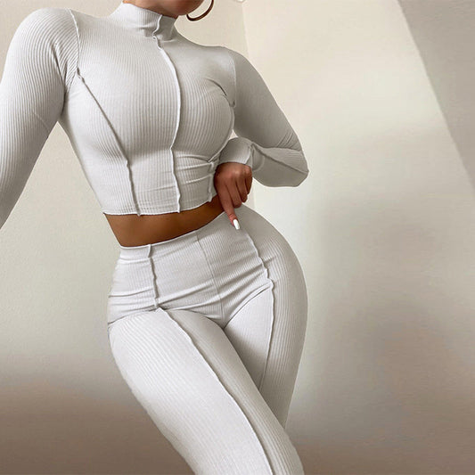 Women's Training Set – Ribbed Knit – Slim Fit – Crop Top with High Neck – High-Waisted Tights