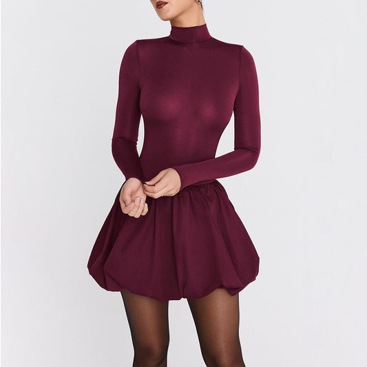 Dress woman – A-line mini dress – Slim fit – High neck – Long sleeves – Draped skirt