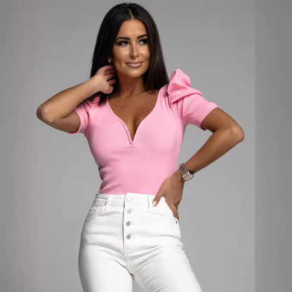 Women's V-neck Top – Slim Fit – Puff Sleeves – Ribbed Stretch Fabric