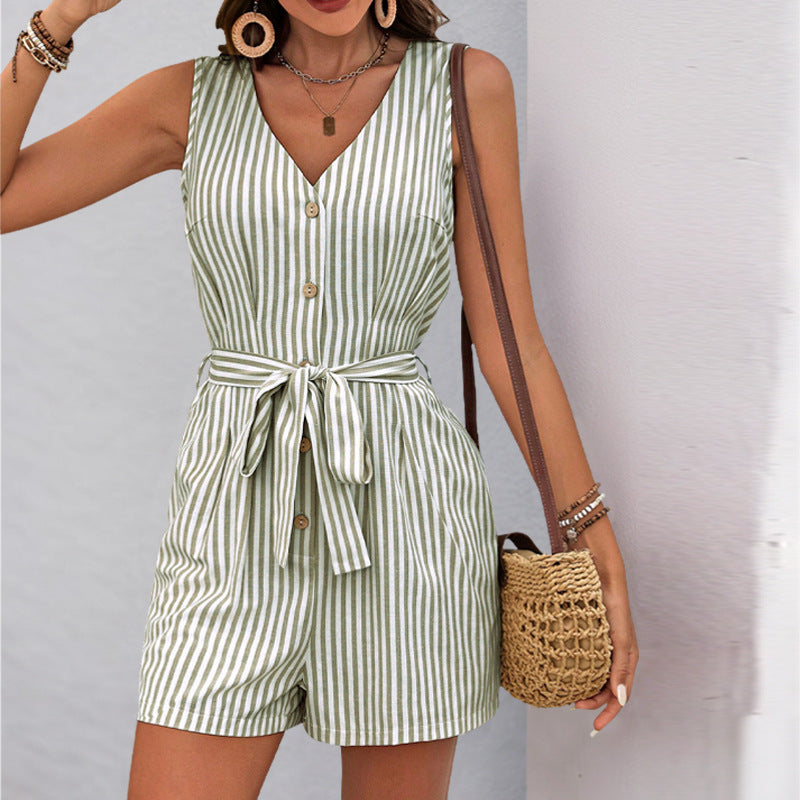 Women's Romper – Sleeveless – V-neck – Vertical Stripes – Belt at Waist – Relaxed Fit