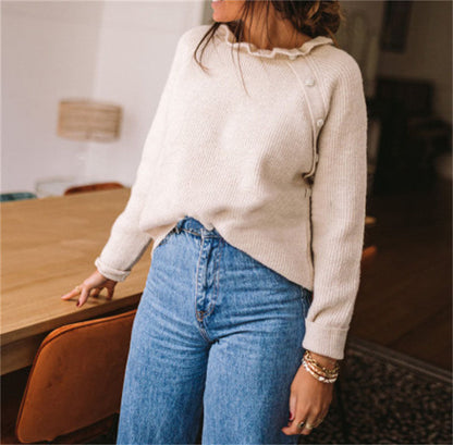 Women's Sweater – Wool Blend – Relaxed Fit – Ruffle Neck – Button Decor Shoulder