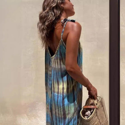 Women's jumpsuit – loose fit – adjustable straps – V-neck – tie belt – pattern