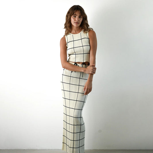 Women's Ribbed Knit Set – Sleeveless Crop Top – Ankle-Length Skirt – Slim Fit