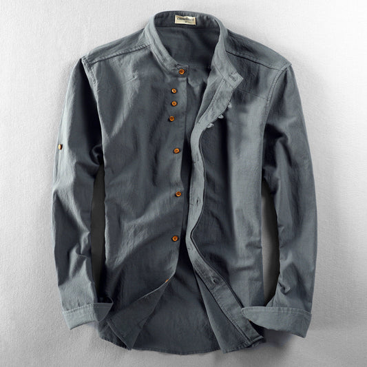 Men's Shirt – Linen – Relaxed Fit – Stand Collar – Long Sleeves with Buttons