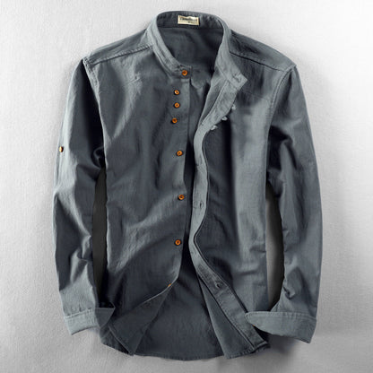 Men's Shirt – Linen – Relaxed Fit – Stand Collar – Long Sleeved with Buttons