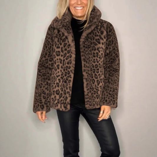 Women's Coat – Faux Fur – Oversized Fit – Animal Print – Open Front – Notch Collar
