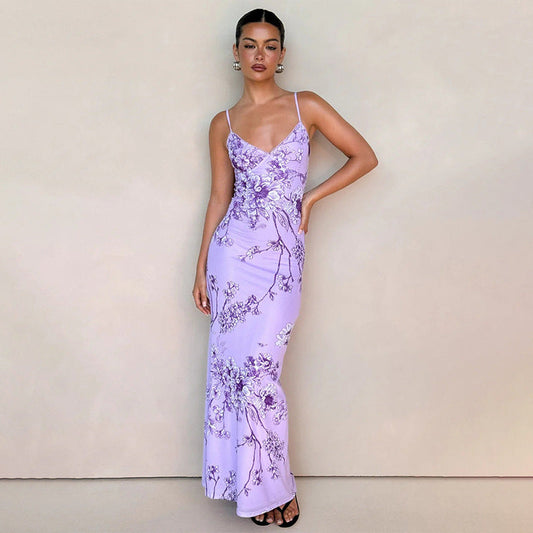 Women's Maxi Dress – Slim Fit – Satin Blend – V-Neck with Spaghetti Straps – Floral Pattern