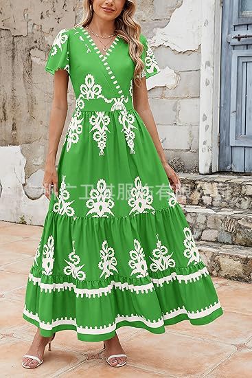 Dress women maxi – V-neckline – Floral print – Short sleeve – A-line tiered fit