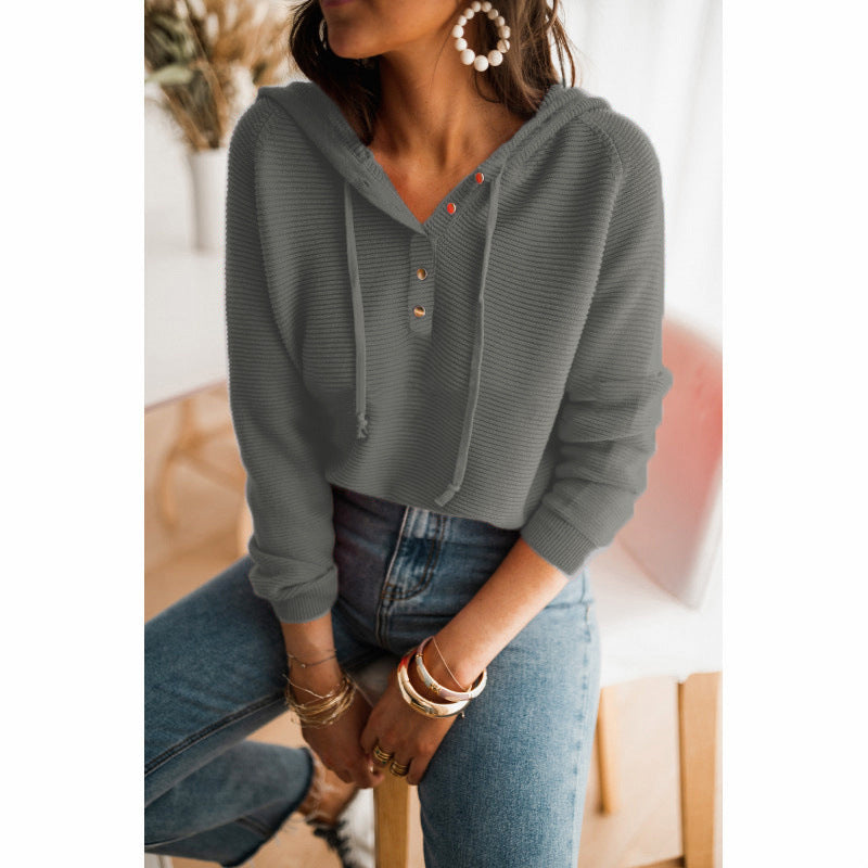 Hoodie woman – Relaxed fit – Knitted texture – Button details – Adjustable hood