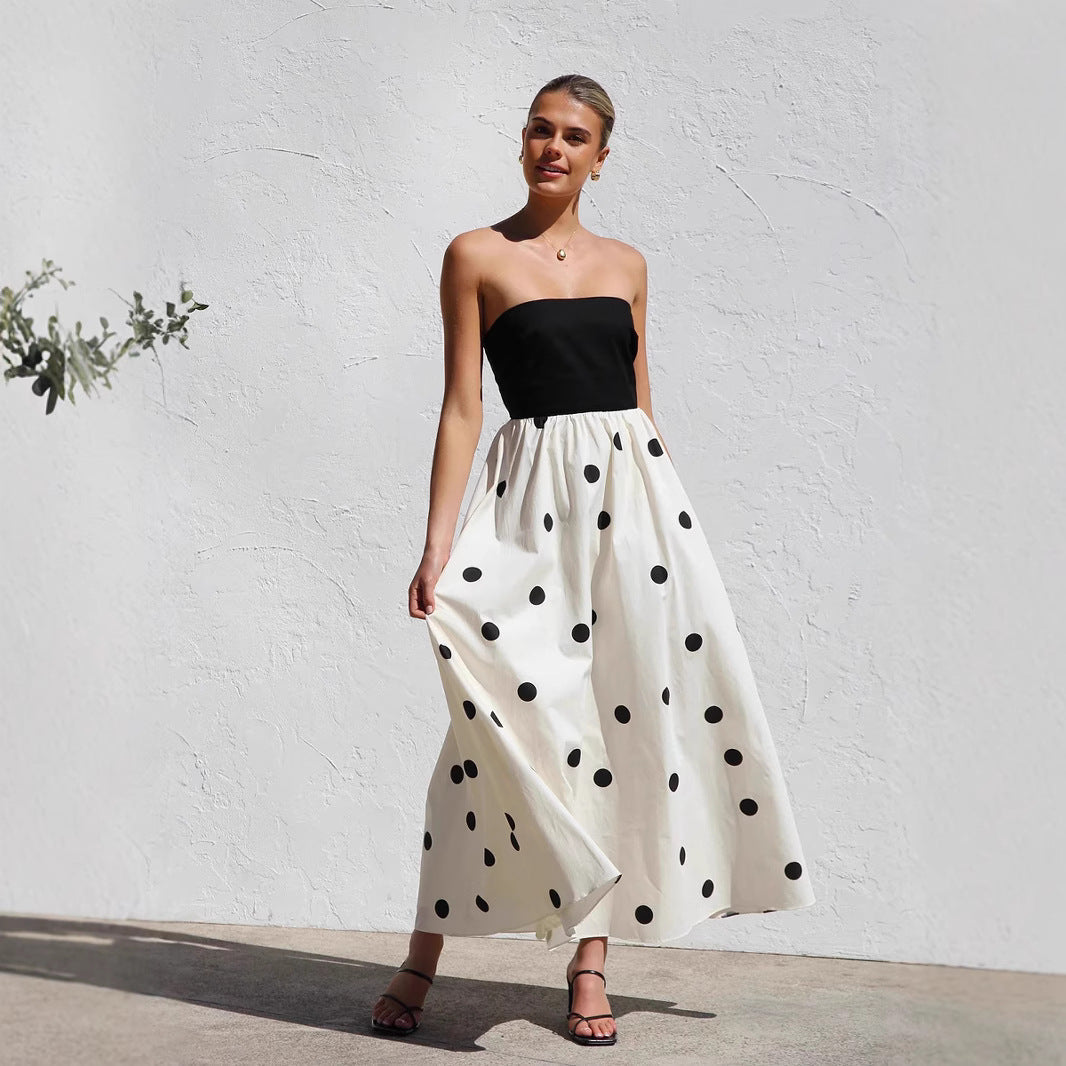 Women's Maxi Dress – Strapless Wrap Bodice – Polka Dot A-line – Light and Elegant