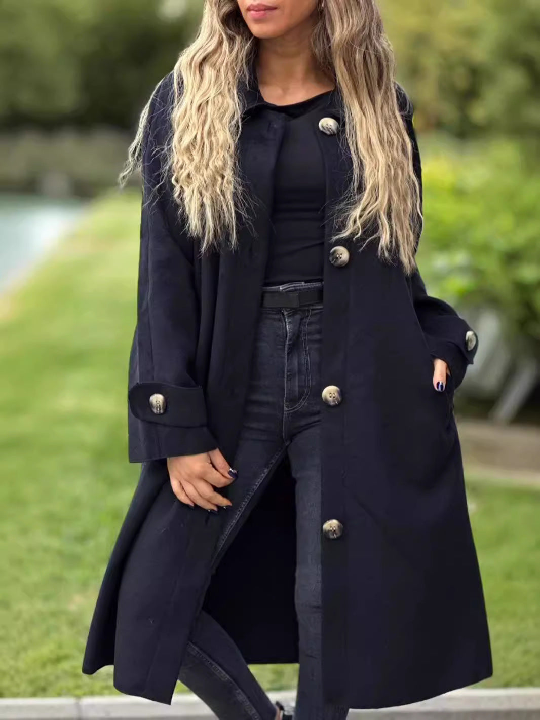 Women's Long Coat – Wool Blend – Relaxed Fit – Button Front and Collar