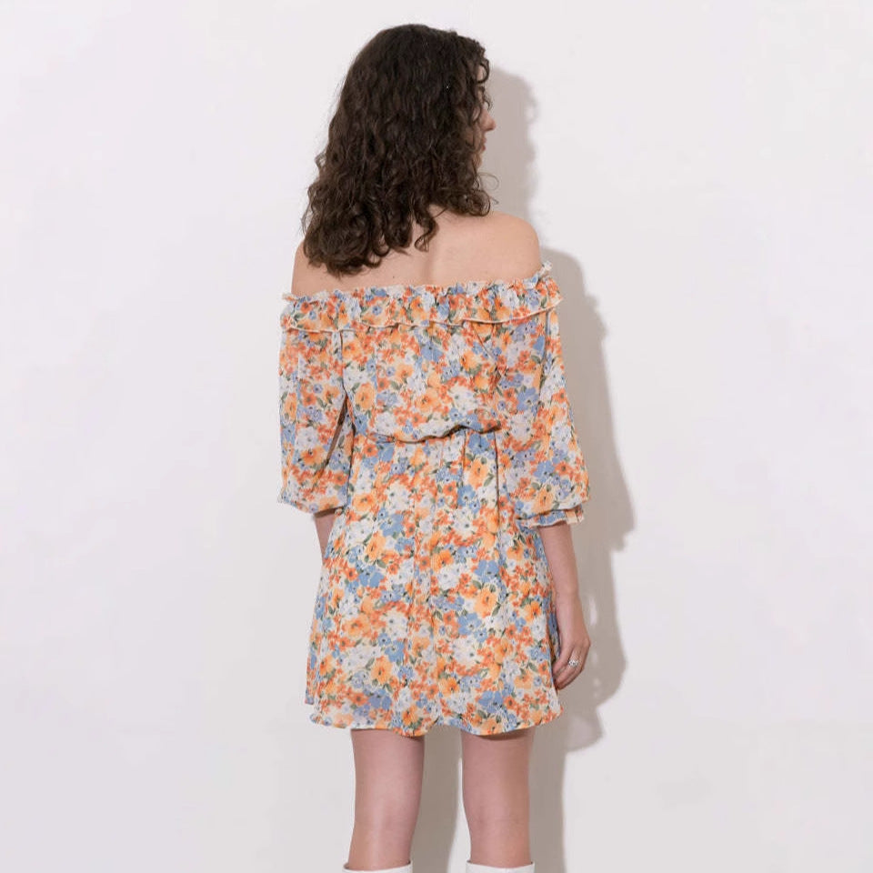 Kjole dame – chiffong – minilengde – off shoulder – blomsterprint – ledig passform