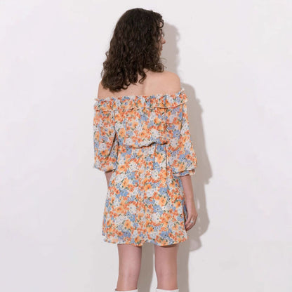 Kjole dame – chiffong – minilengde – off shoulder – blomsterprint – ledig passform