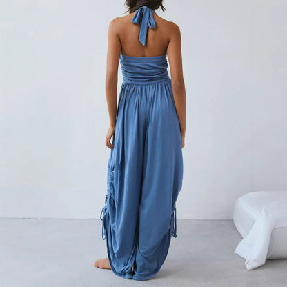 Dame jumpsuit – Halterneck – Rynket overdel – Vide ben – Justerbare benbånd
