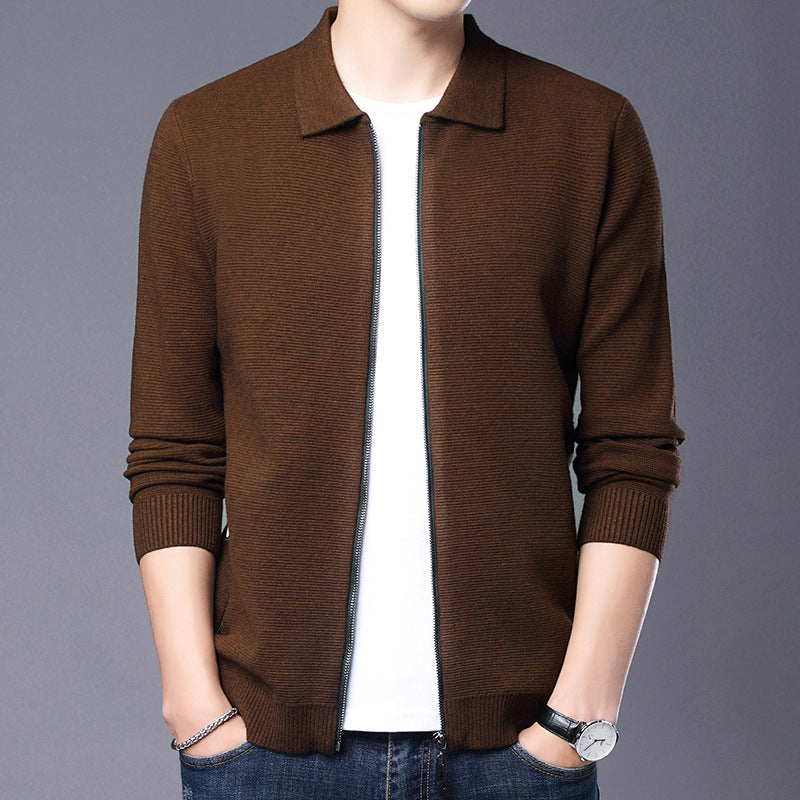 Men's Cardigan – Wool – Slim Fit – Zipper – Classic Collar – Ribbed Hem