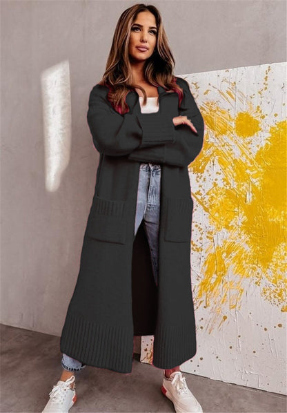 Women's Long Cardigan – Knitted Fabric – Relaxed Fit – Open Front – Side Pockets
