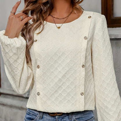 Women's Shirt with Long Sleeves – Relaxed Fit – Textured Fabric – Decorative Buttons