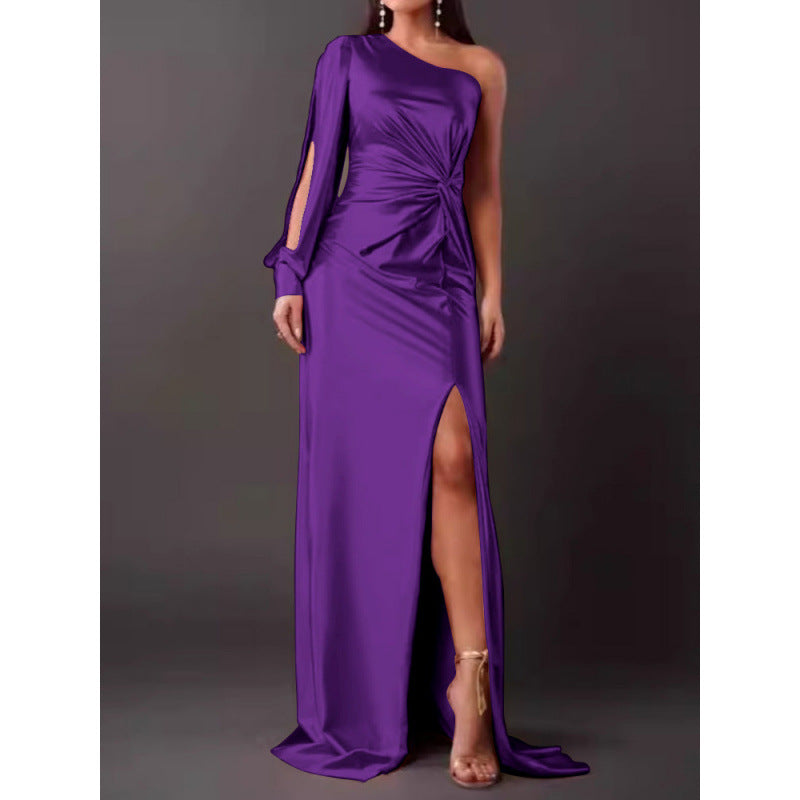 Dress for Women – Maxi Dress – Slim Fit – Satin – One Shoulder – High Slit – Draped Waist