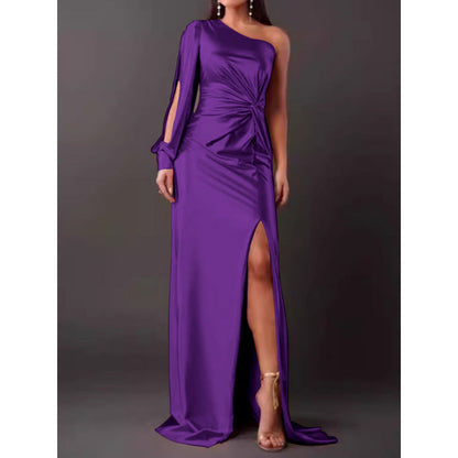 Dress for Women – Maxi Dress – Slim Fit – Satin – One Shoulder – High Slit – Draped Waist