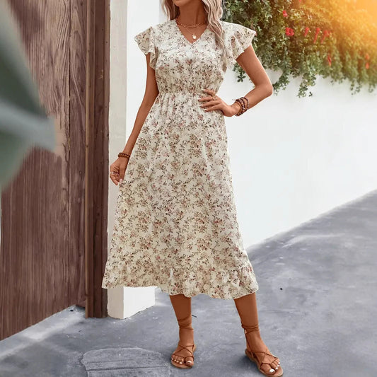 Dress woman midi – cotton blend – relaxed fit – V-neck – cap sleeves – ruffle hem