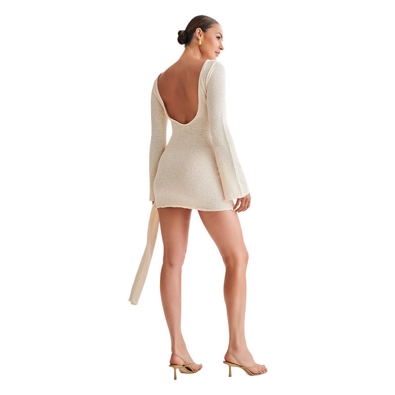 Dress woman – Slim fit – Knitted fabric – Long sleeves – Ruched side with tie