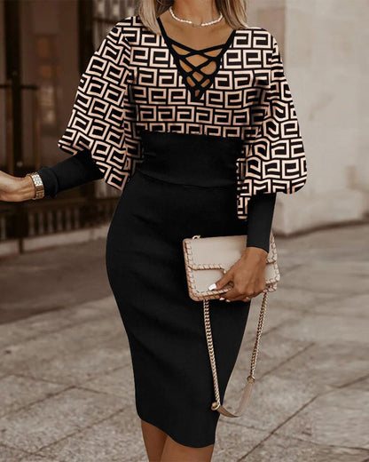 Dress woman – Bodycon fit – V-neck cross detail – Checkered pattern – Long sleeves