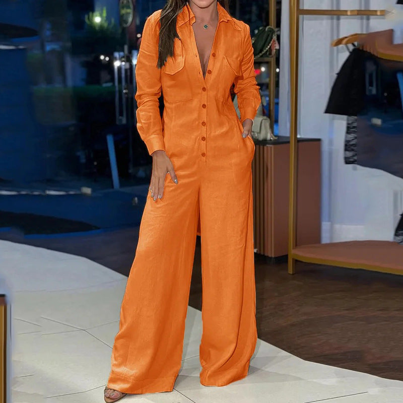 Women's Pantsuit – Tailored Fit – Cotton Blend – Wide Legs – Buttons – Shirt Collar – Long Sleeves