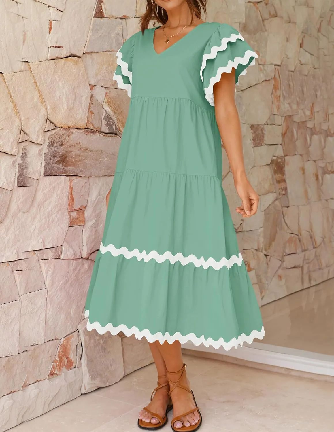 Women's midi dress – relaxed fit – v-neck – ruffle sleeves – breathable fabric