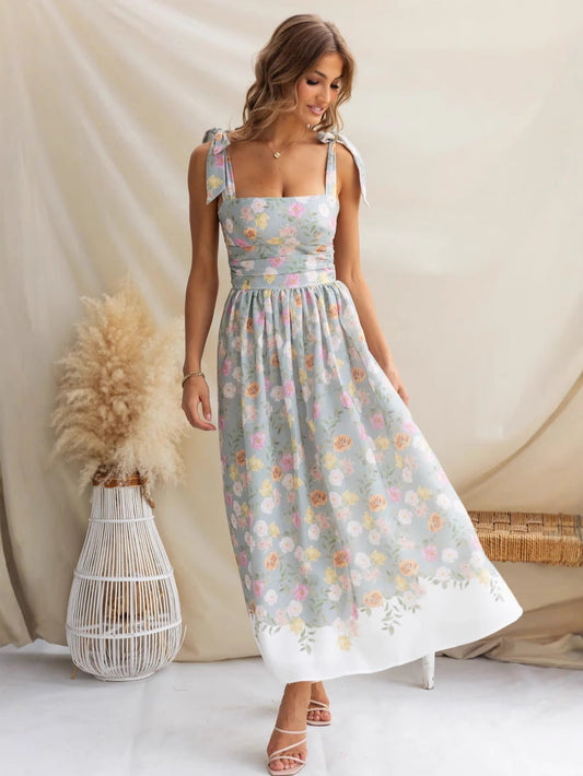 Dress woman – Slim fit – A-line cut – Floral print – Bow straps
