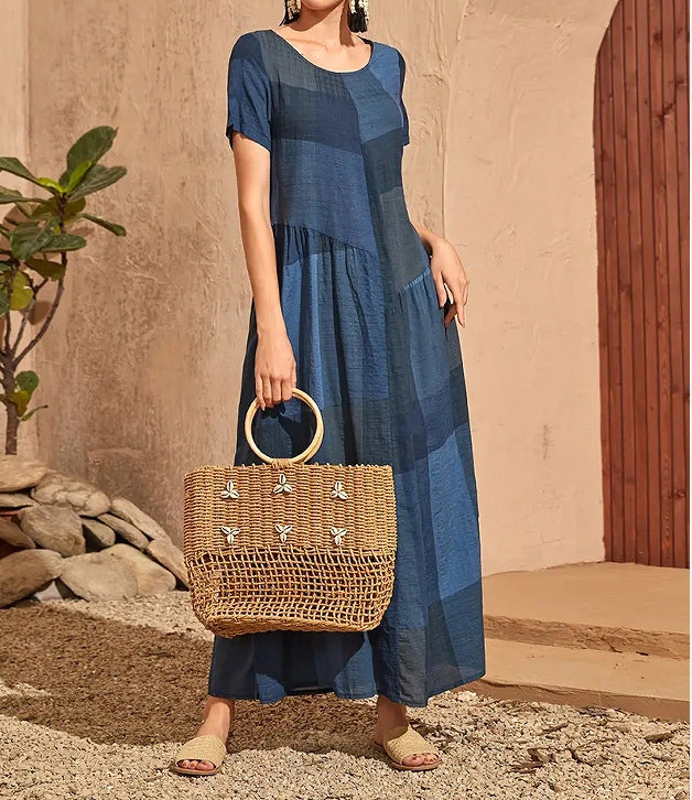 Dress for Women – Long A-line – Checkered – Short-sleeved – Loose Fit – Cotton