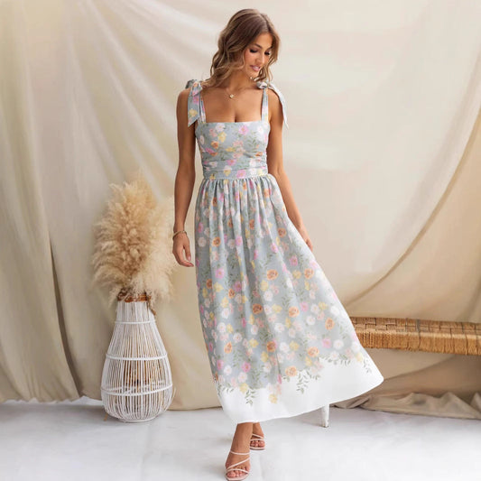 Dress woman – Midi length – Floral print – Spaghetti straps – Light fabric – Fitted fit