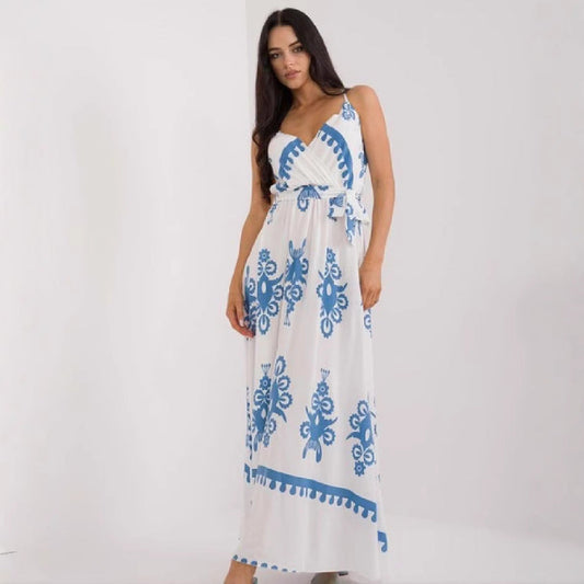 Women's Maxi Dress – Light Cotton – Empire Waist – Sleeveless – Printed Pattern – V-neck