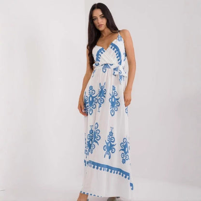 Women's Maxi Dress – Light Cotton – Sleeveless – V-neck – Empire Waist – Patterned