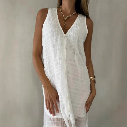 Dress woman long – lace – sleeveless V-neck – flowy fit – front slit