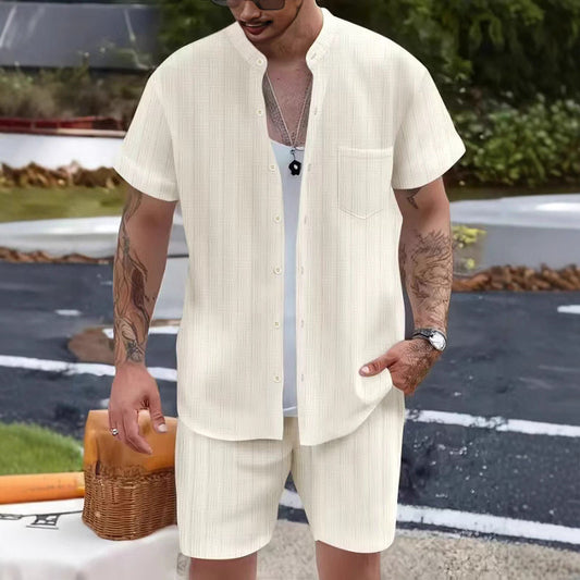 Men's Set – Henley Collar Shirt and Shorts – Lightweight Breathable Relaxed Fit
