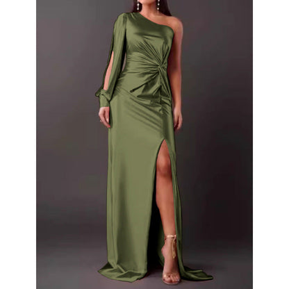 Dress for Women – Maxi Dress – Slim Fit – Satin – One Shoulder – High Slit – Draped Waist