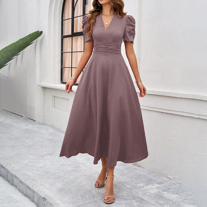 Dress for Women – Midi Length – V-Neck – Puff Sleeves – Ruched Waist – Elegant Cut