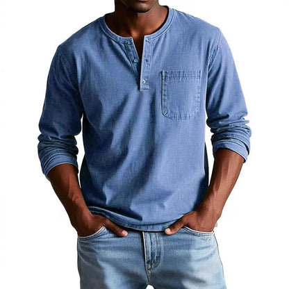 Men's Long-Sleeve T-Shirt – Slim Fit – Breathable Fabric – Button Neck and Chest Pocket