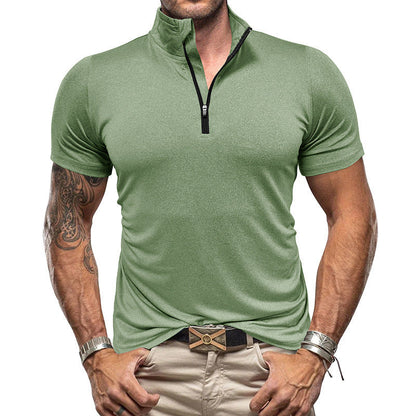 Men's Shirt – Slim Fit – Short Sleeve – Breathable – Stand Collar with Zipper