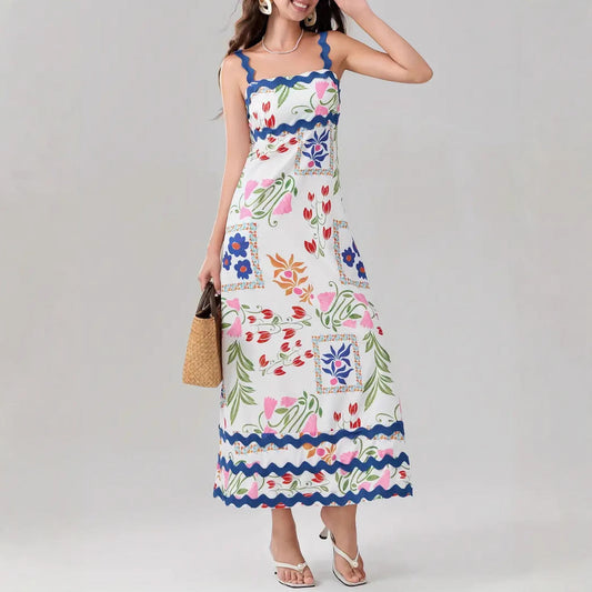 Dress for Women – Mid-Length – A-Line Fit – Cotton Blend – Spaghetti Straps – Ruffle Details – Floral Print