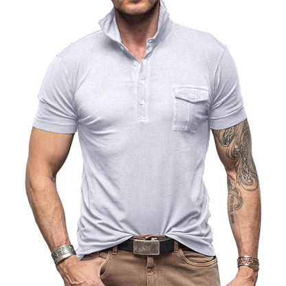 Men's Pique Shirt – Slim Fit – Short Sleeve – Breathable Cotton – Stand Collar – Chest Pocket