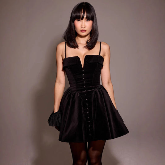 Dress woman – Mini dress in velvet – A-line – V-neck – Thin straps – Buttons