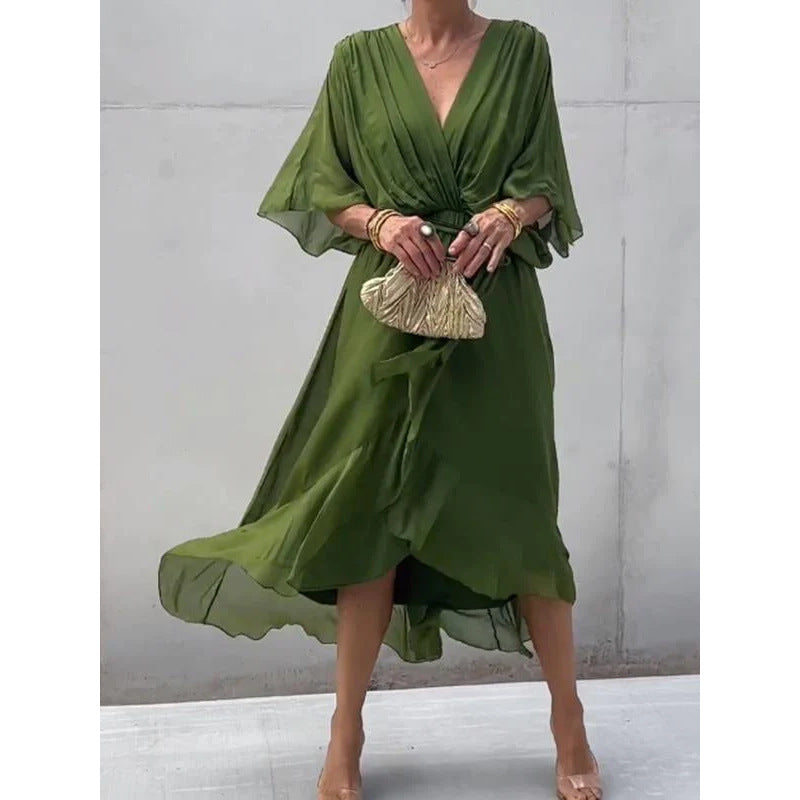 Dress for Women – Maxi – Loose Fit – Batwing Sleeves – Asymmetric Hem – Waist Tie