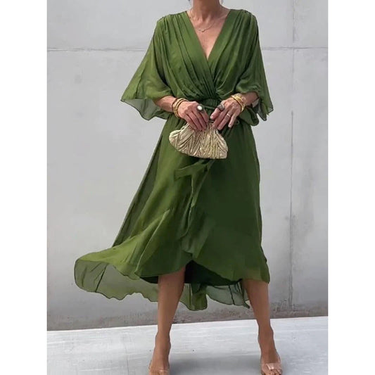 Dress for Women – Maxi – Loose Fit – Batwing Sleeves – Asymmetric Hem – Waist Tie