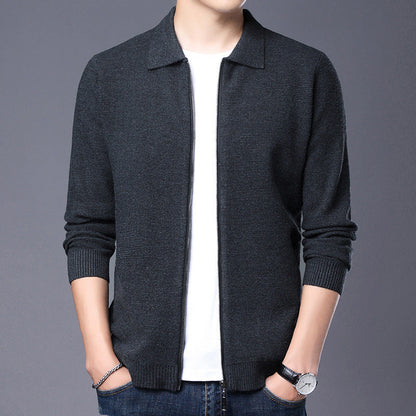 Men's Cardigan – Wool – Slim Fit – Zipper – Classic Collar – Ribbed Hem