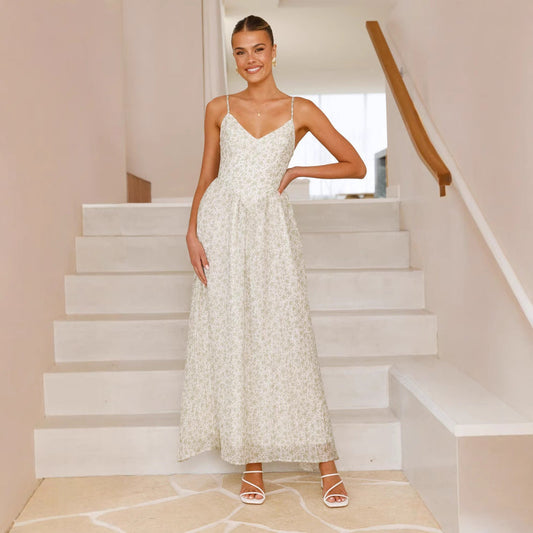 Women's Maxi Dress – V-Neck Sleeveless – Floral Print – Flattering Wide Fit – Open Back with Bow