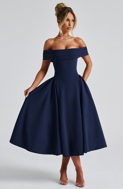 Dress woman – Off shoulder – A-line fit – Elegant formal midi length
