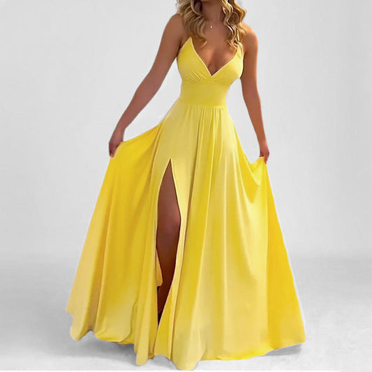 Dress for Women – Slim Fit – Satin – Spaghetti Straps – V-Neckline – Slit – Ruffle Hem