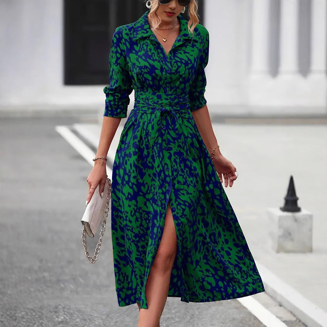 Dress for Women – A-line – Knee-length – Buttons – Long Sleeves – Breathable Fabric – Waist Belt