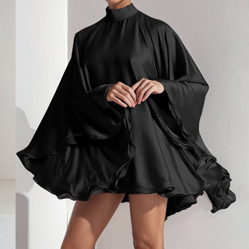 Dress for Women – Short Length – Flowing Fit – Half-High Neck – Ruffled Sleeve Design